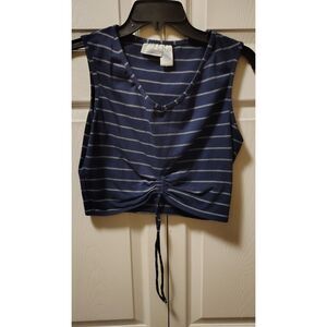 Freestyle Women's Navy Blue & White Striped Cinch-Front Crop Top Medium